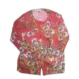 Women’s Red Floral Cardigan Large Lightweight Button Front Casual Cottagecore